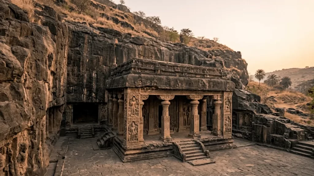 Aurangabad Caves Cave 3 in late afternoon light — final stop on a combined Ellora day, Maharashtra