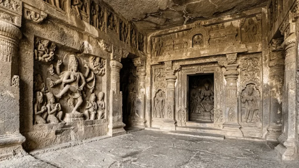 Aurangabad Caves Cave 7 interior — Tara shrine and Dancing Panel in the same cave, Maharashtra