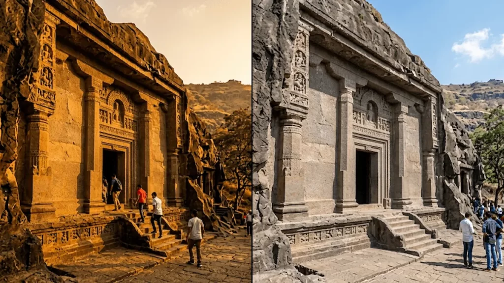Aurangabad Caves facade lighting — morning versus midday light quality, Maharashtra