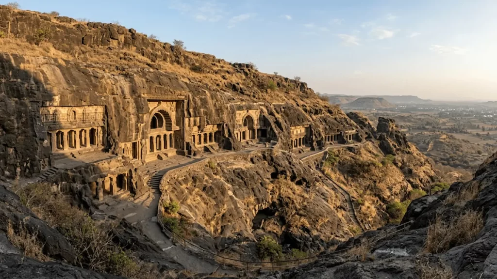 Aurangabad Caves photography Aurangabad Caves hillside panorama — east-facing facade in morning light, Maharashtra