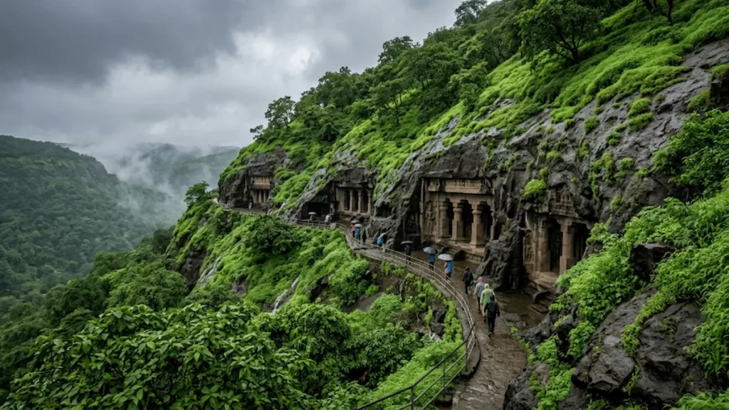 best time to visit Aurangabad Caves Aurangabad Caves in monsoon — green hillside setting, Maharashtra