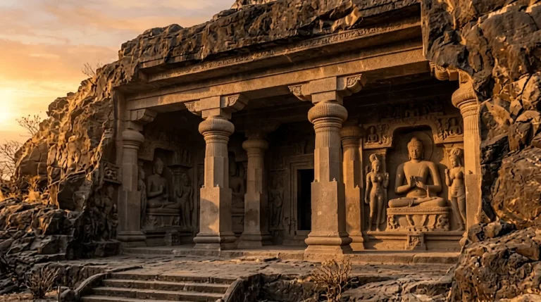 Aurangabad Caves photography — Cave 3 facade in golden sunrise light, Maharashtra