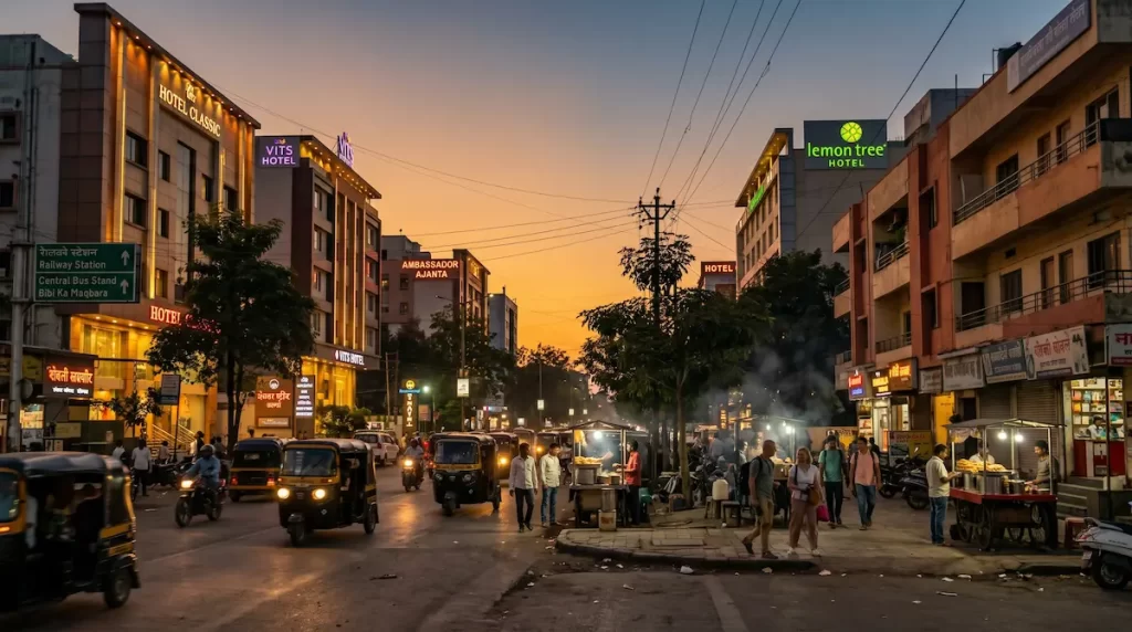 Aurangabad city evening atmosphere — hotel district near central Chhatrapati Sambhajinagar, Maharashtra