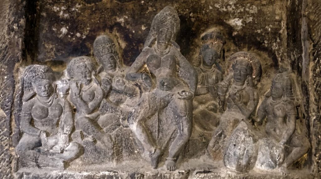 Dancing Panel sculpture in Aurangabad Cave 7 — ancient Indian classical dance carved in stone, Eastern Group, Maharashtra