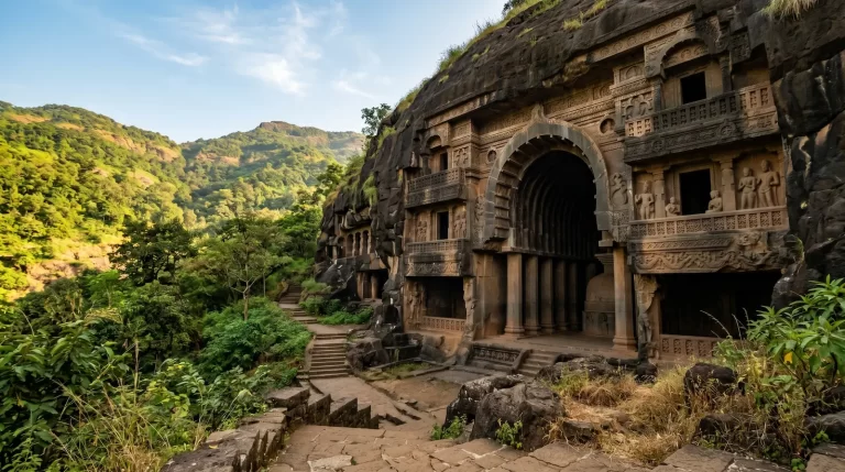 Bhaja Caves Chaitya Cave 12 — multi-storeyed Buddhist prayer hall facade, Maval district, Maharashtra