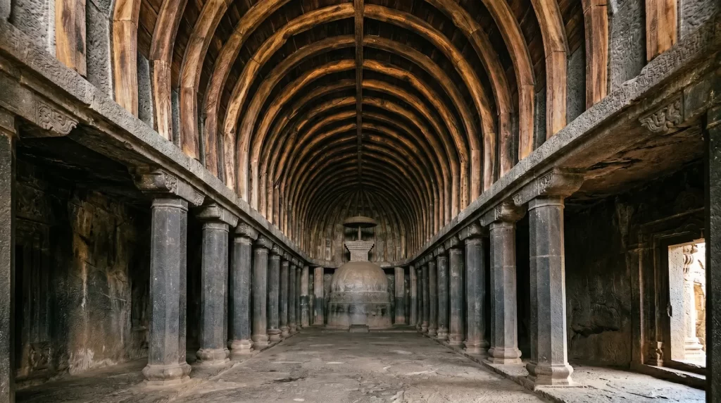 Bhaja Caves Chaitya interior — octagonal pillars and original wooden ceiling beams, Maharashtra