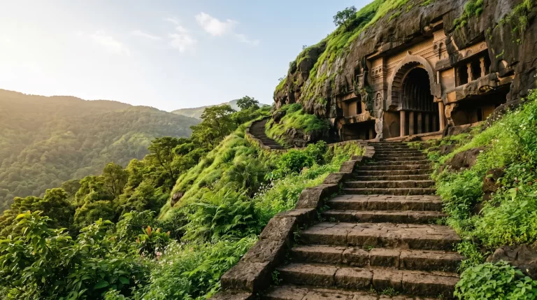 Bhaja Caves entrance — visitor approach path with timing and ticket information, Maval district, Maharashtra