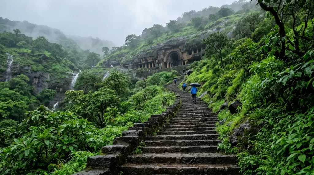 Karla and Bhaja Caves one day trip Bhaja Caves staircase in monsoon — second stop on a combined Karla-Bhaja day trip, Maharashtra