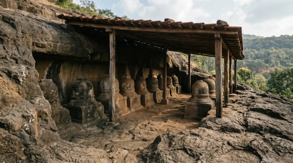 Cemetery stupas at Bhaja Caves Cave 20 — memorials to ancient Buddhist monks, Maharashtra