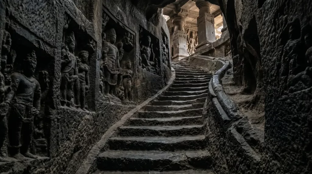 hidden areas at Ellora Cave 15 Das Avatara upper floor staircase — hidden ascent most Ellora visitors miss, Maharashtra