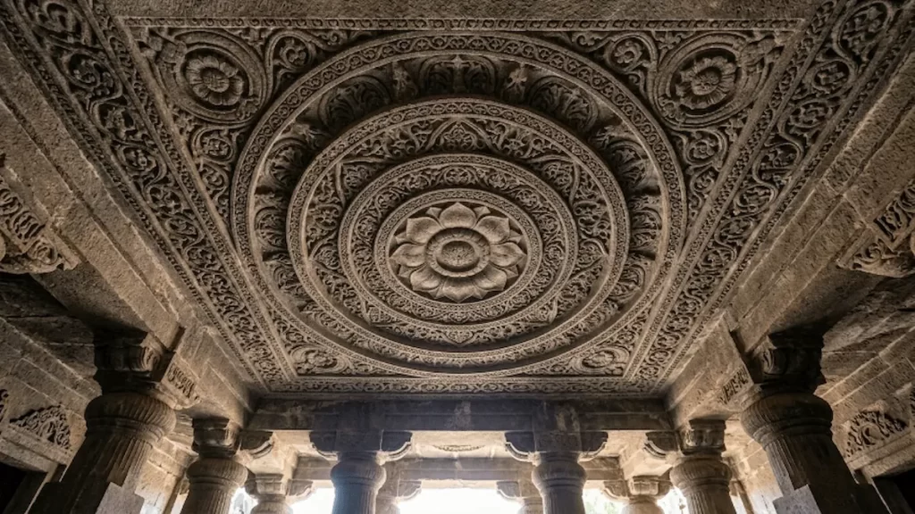 Cave 3 ceiling detail at Aurangabad Caves — overlooked decorative carving, Maharashtra