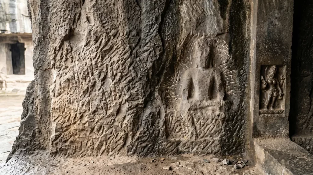 Cave 30 Chhota Kailasa unfinished carving — raw chisel marks revealing the rock-cutting process, Ellora Caves, Maharashtra