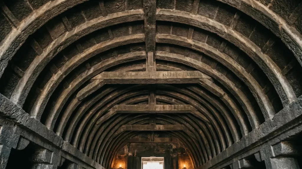 Ellora Cave 10 timber-effect stone ceiling — wooden architecture translated into rock-cut form, Maharashtra
