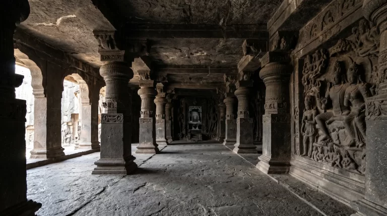 Ellora Cave 29 Dhumar Lena — overlooked cruciform Shiva temple hall, hidden area of Ellora Caves, Maharashtra