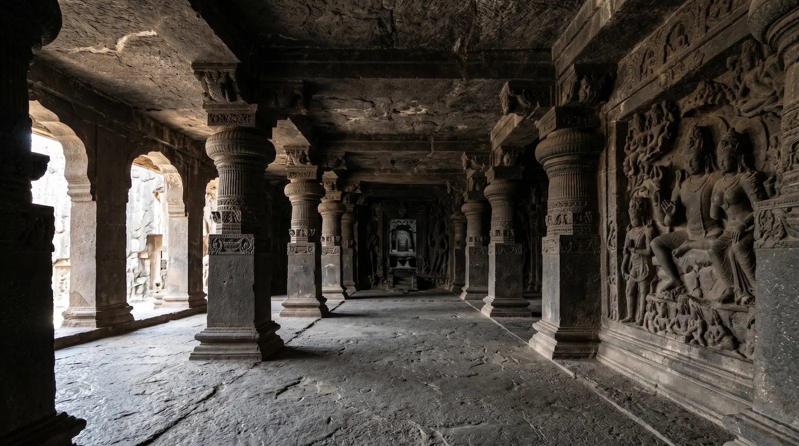 Ellora Cave 29 Dhumar Lena — overlooked cruciform Shiva temple hall, hidden area of Ellora Caves, Maharashtra
