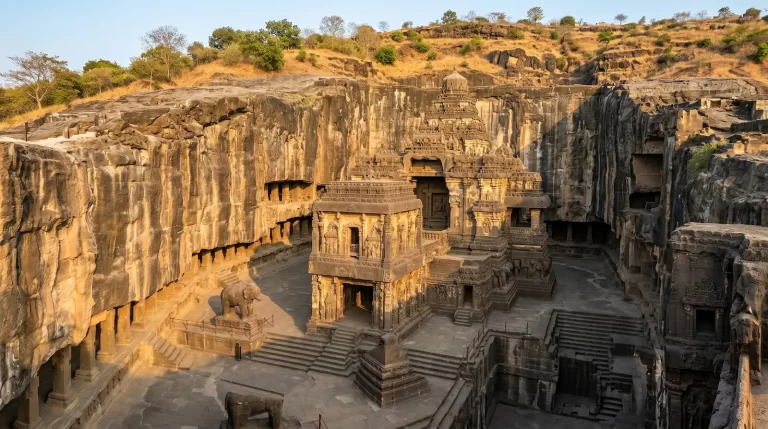 Ellora Caves architecture — Kailasa Temple structural form rising from excavated basalt courtyard, Maharashtra