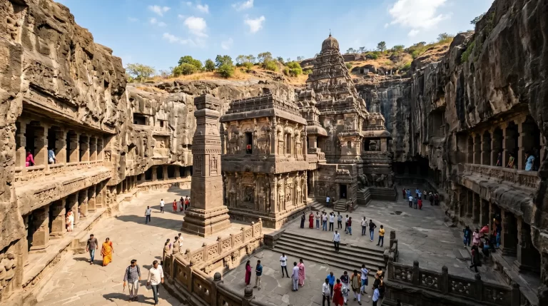 Ellora Caves one day itinerary — Kailasa Temple courtyard scale, Maharashtra