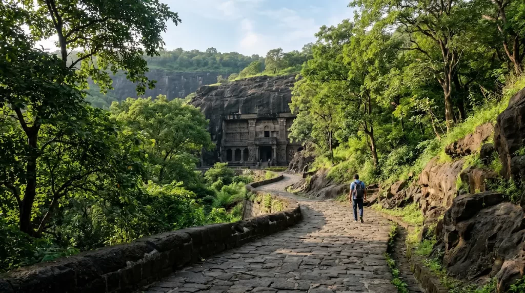 Solo traveler on path to Ellora Jain section — quiet walkway toward Indra Sabha, Maharashtra