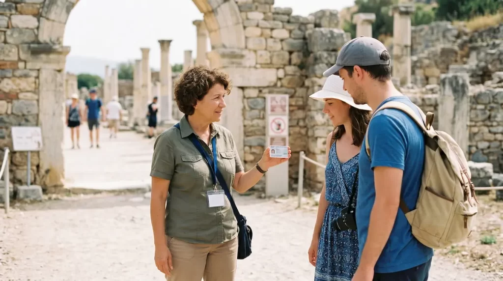 Government-authorized guide identification at an Indian heritage monument