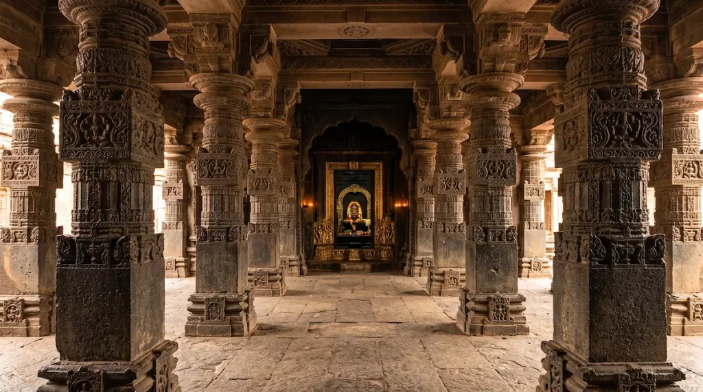 Grishneshwar Temple mandapa pillars — carved stone hall leading to inner sanctum, Maharashtra