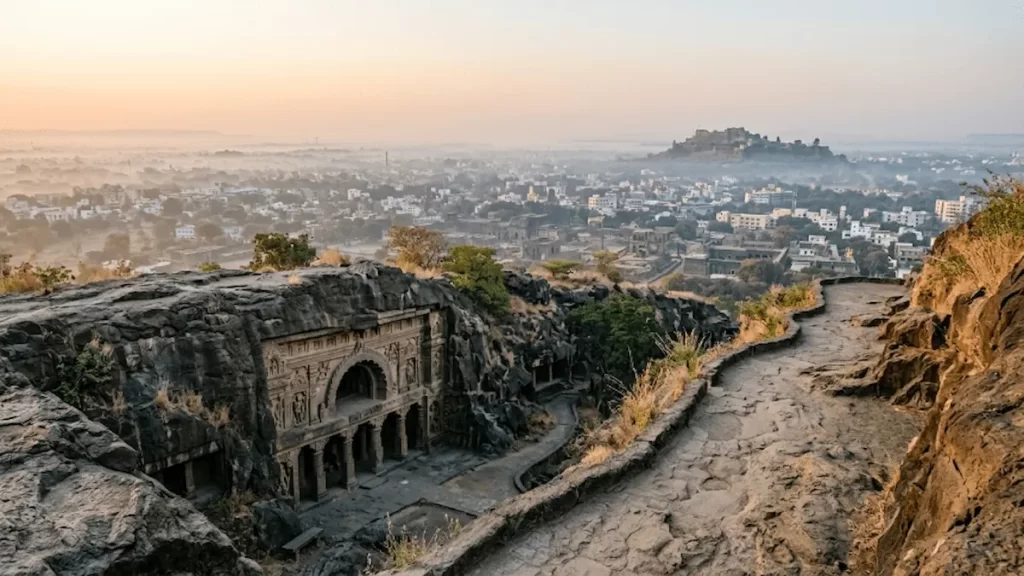 hidden caves of Aurangabad Hidden viewpoint along Aurangabad Caves connecting path — overlooked city view, Maharashtra