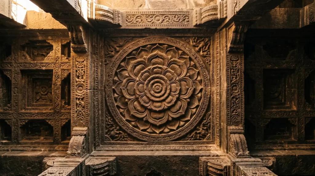  Indra Sabha upper floor carved ceiling — Jain temple stone relief detail, final stop on one-day Ellora itinerary, Maharashtra