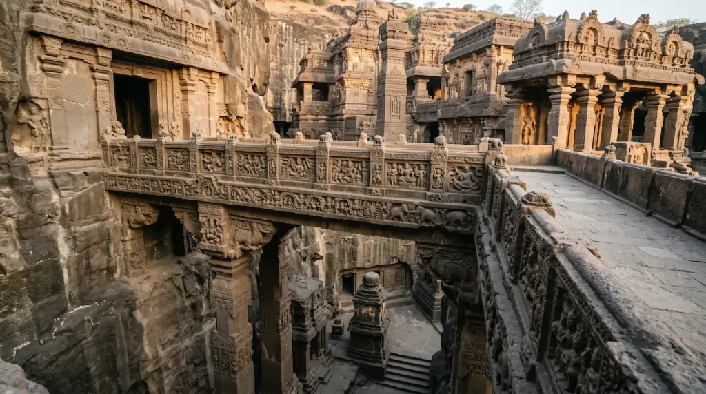 Kailasa Temple carved stone bridge — monolithic structural span connecting temple sections, Ellora Caves, Maharashtra
