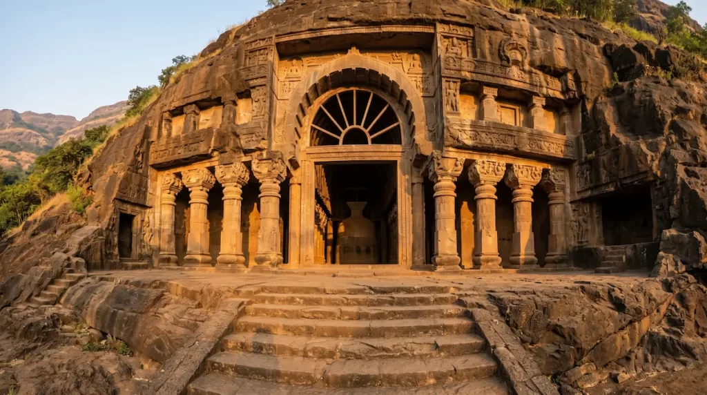 Karla Caves Grand Chaitya in morning light — first stop on a Karla-Bhaja day trip, Maharashtra