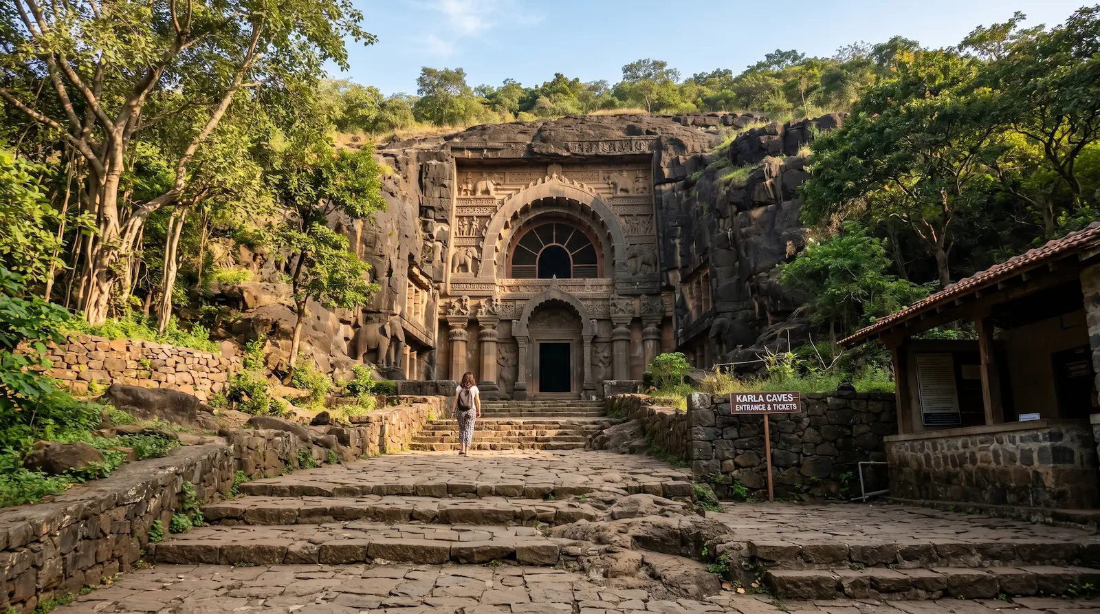 Karla Caves entrance — visitor approach with timing and ticket information, Lonavala, Maharashtra