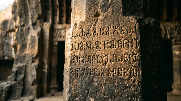 Karla Caves history inscription — Brahmi donor record carved into stone pillar at Karla Caves, Maharashtra
