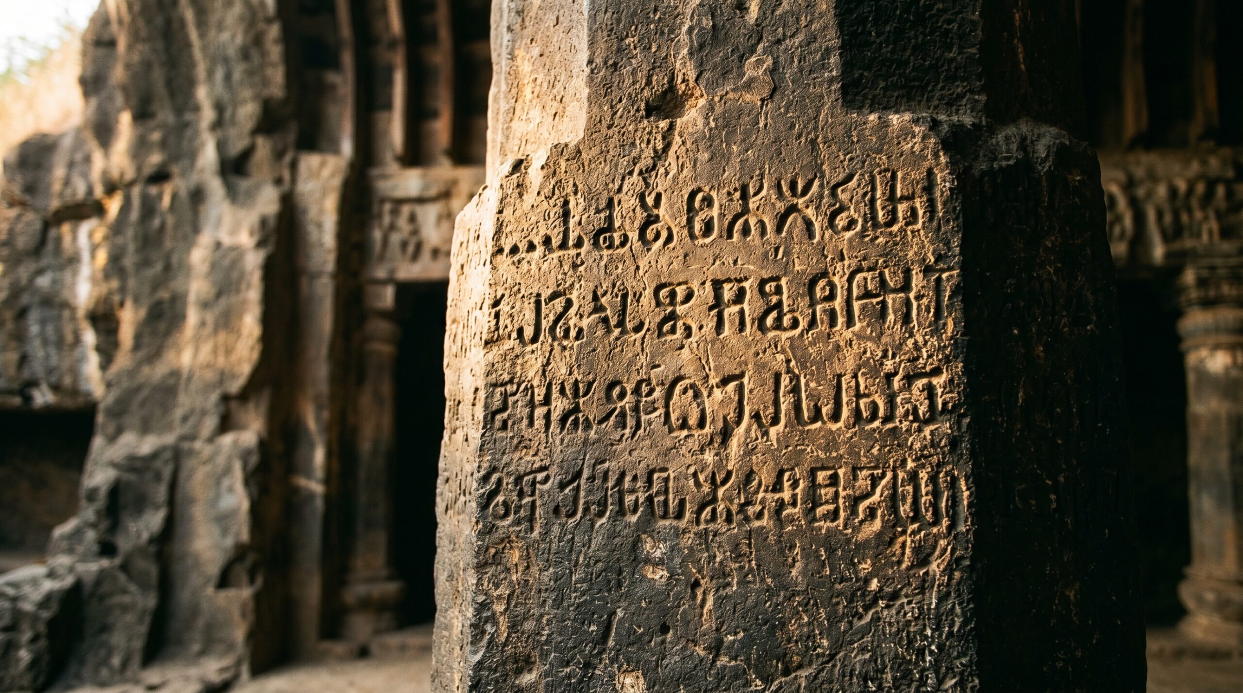 Karla Caves history inscription — Brahmi donor record carved into stone pillar at Karla Caves, Maharashtra