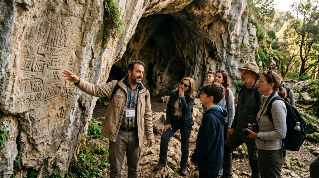 hiring guides at Maharashtra caves, Licensed guide explaining history at a Maharashtra cave site