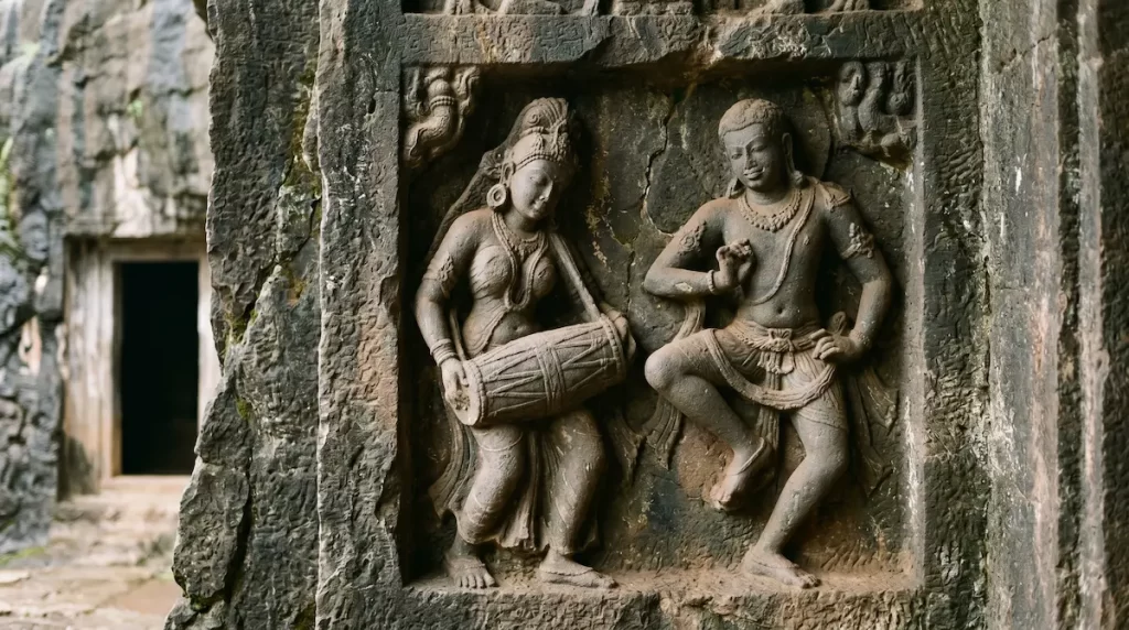 Musician and dancer relief panel at Bhaja Caves — early tabla evidence in Indian sculpture, Maharashtra