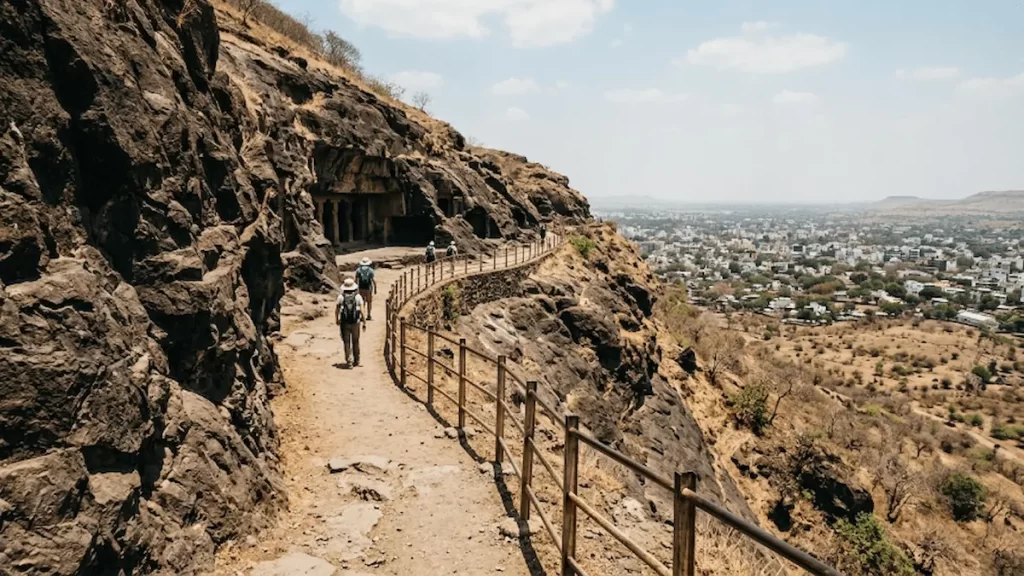 Path between Western and Eastern Groups at Aurangabad Caves — city view along the route, Maharashtra