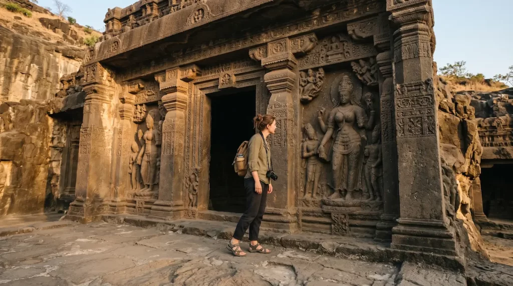 Solo traveler at Ellora Cave 21 Rameshvara entrance — examining carved doorway figures, Maharashtra