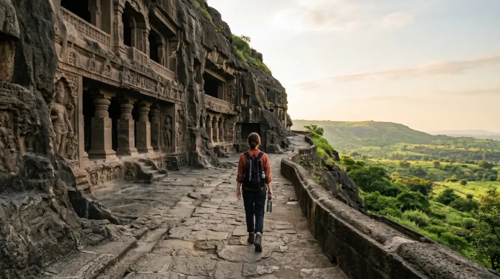 Ellora Caves for solo travel Solo traveler on Ellora Caves pathway — stone walkway along the cliff face, Maharashtra